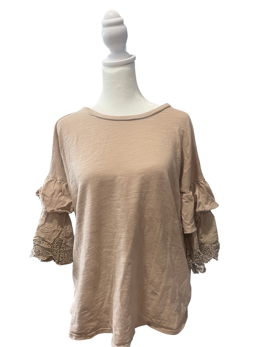 Umgee Beige Lace Trim Ruffle Sleeve Tee